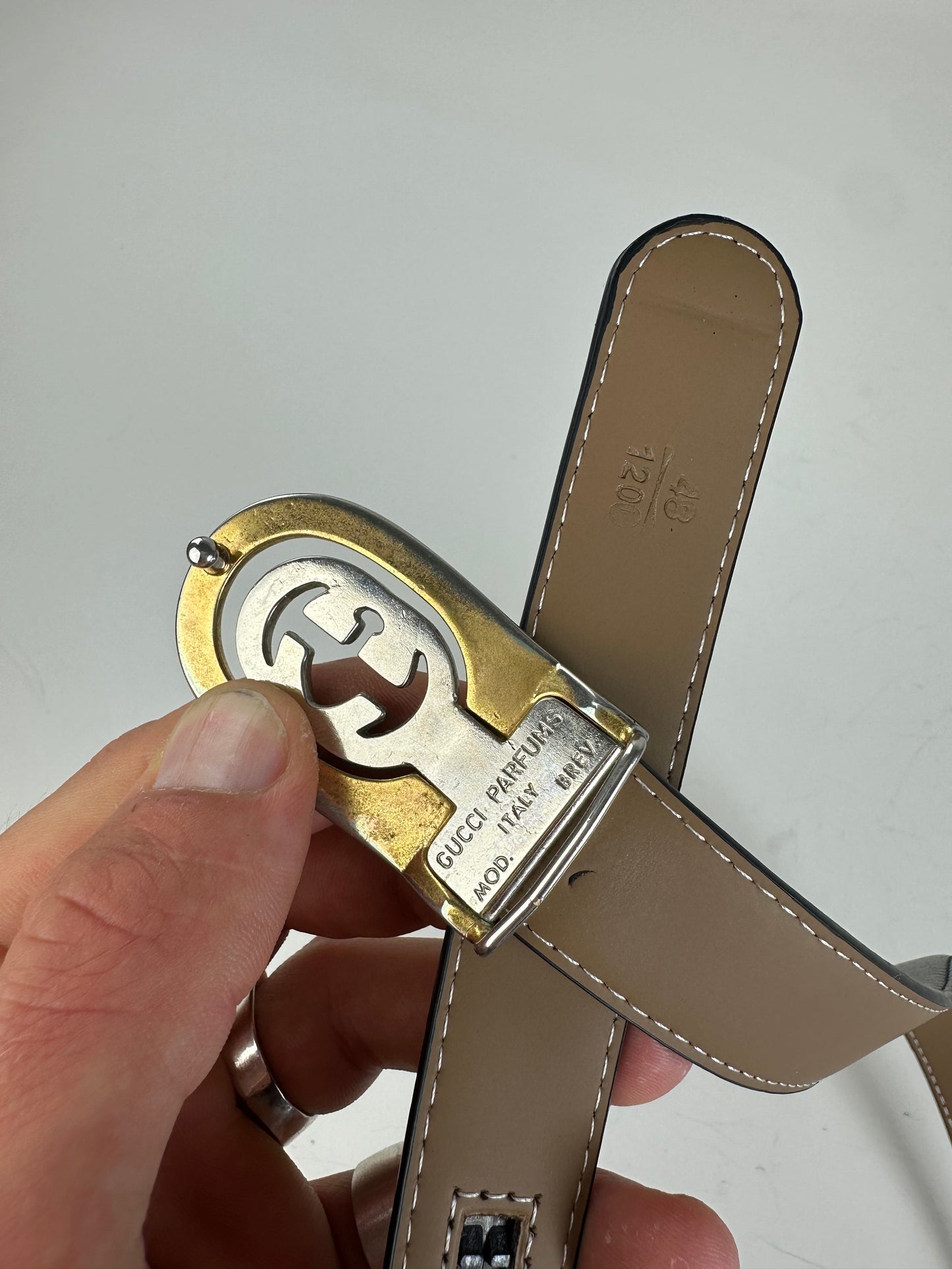 Vintage Gucci Interlocking GG Leather Belt Black Beige Silver