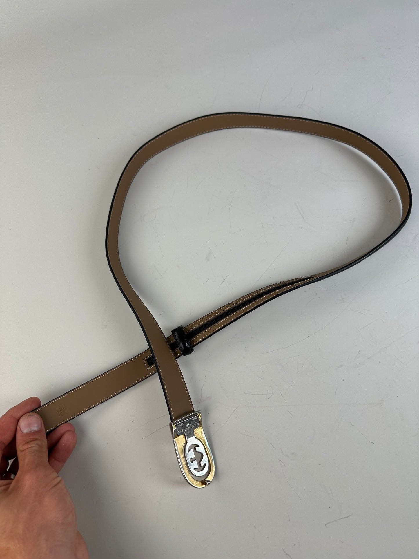 Vintage Gucci Interlocking GG Leather Belt Black Beige Silver