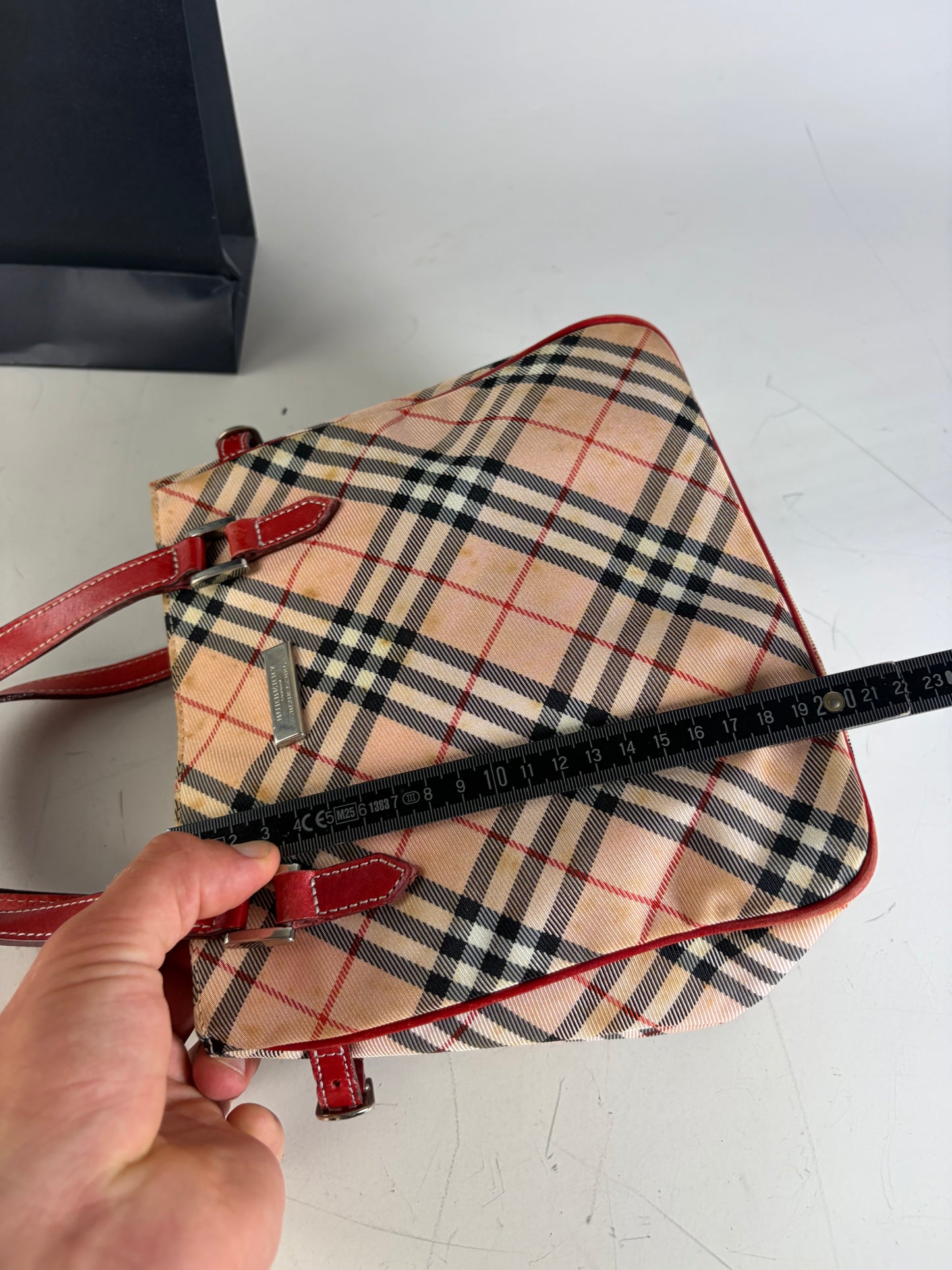 Vintage Burberry Check Canvas Tote Bag Beige Black Red