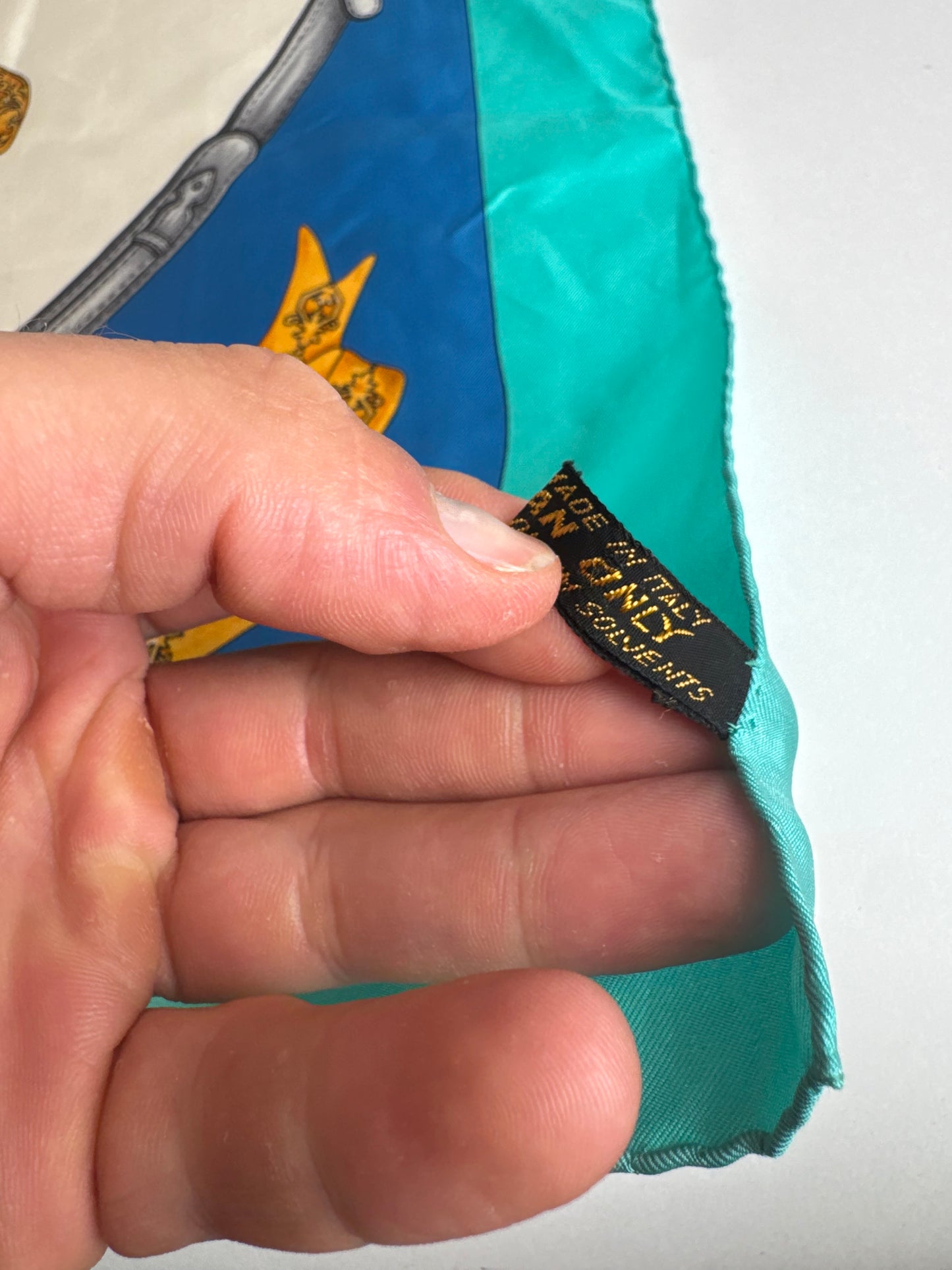 Vintage Celine Silk Scarf Turquoise Blue white