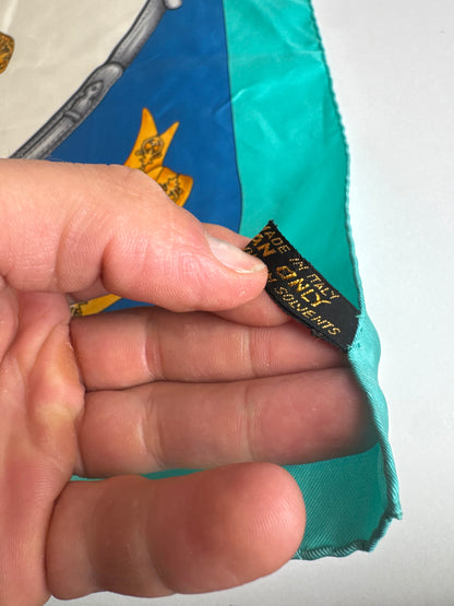 Vintage Celine Silk Scarf Turquoise Blue white