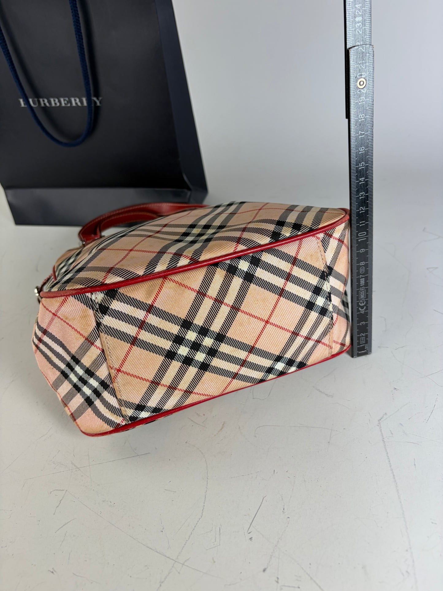 Vintage Burberry Check Canvas Tote Bag Beige Black Red