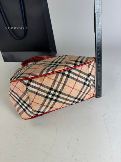 Vintage Burberry Check Canvas Tote Bag Beige Black Red