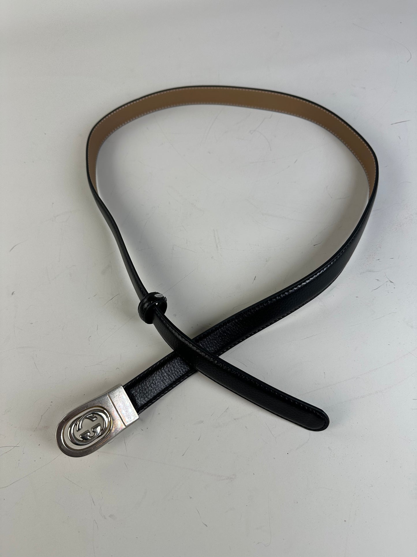 Vintage Gucci Interlocking GG Leather Belt Black Beige Silver