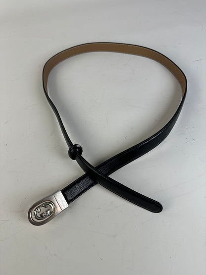 Vintage Gucci Interlocking GG Leather Belt Black Beige Silver