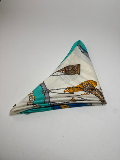 Vintage Celine Silk Scarf Turquoise Blue white