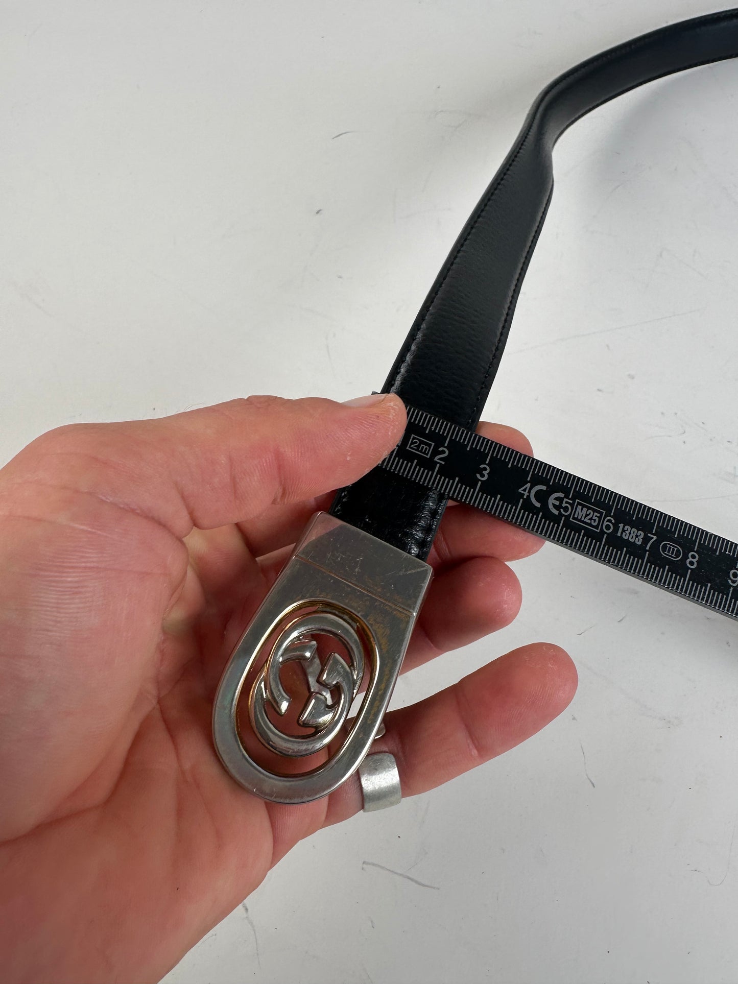 Vintage Gucci Interlocking GG Leather Belt Black Beige Silver