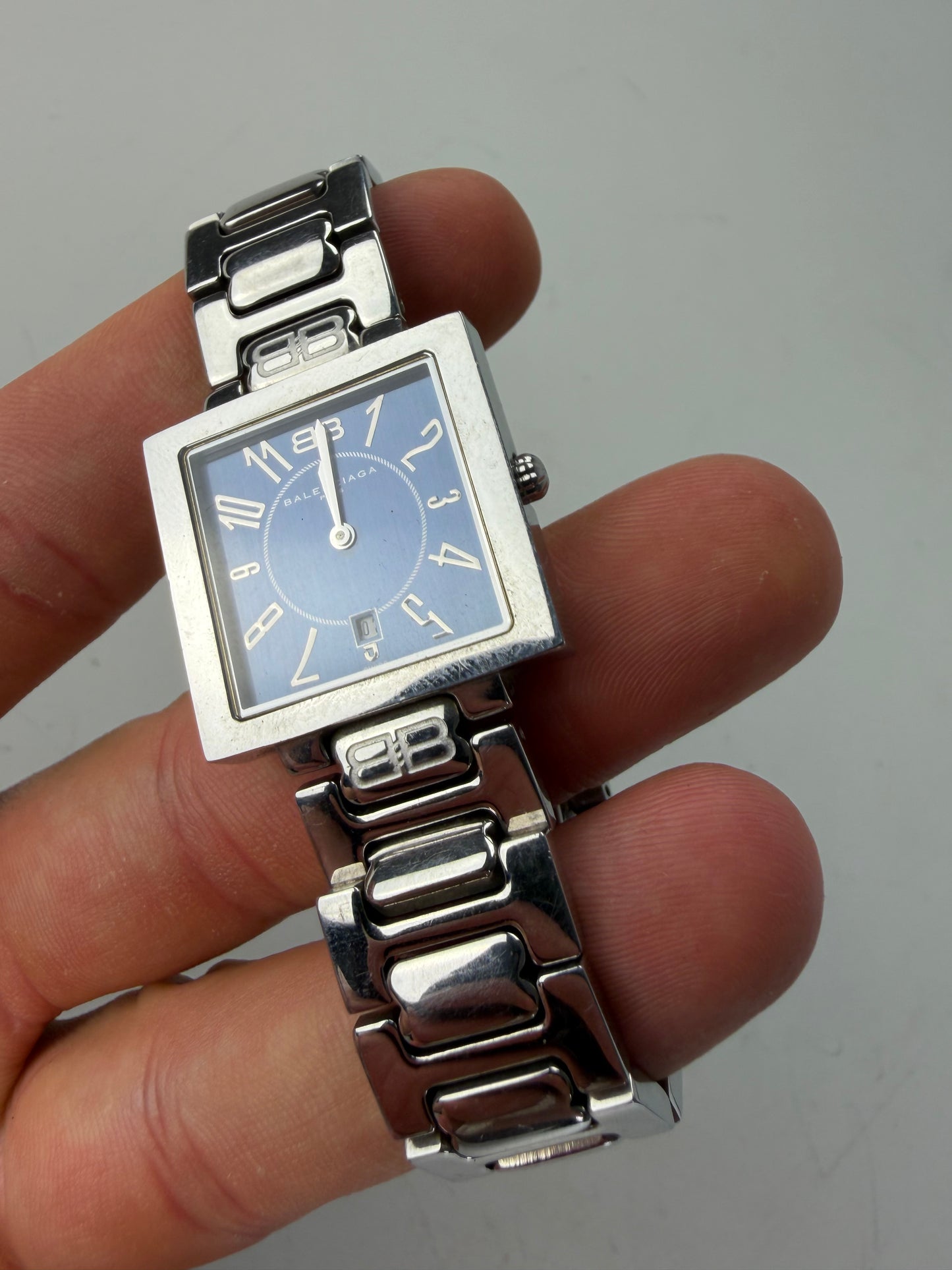 Vintage Balenciaga Stainless Steel Bracelet Watch Silver Blue