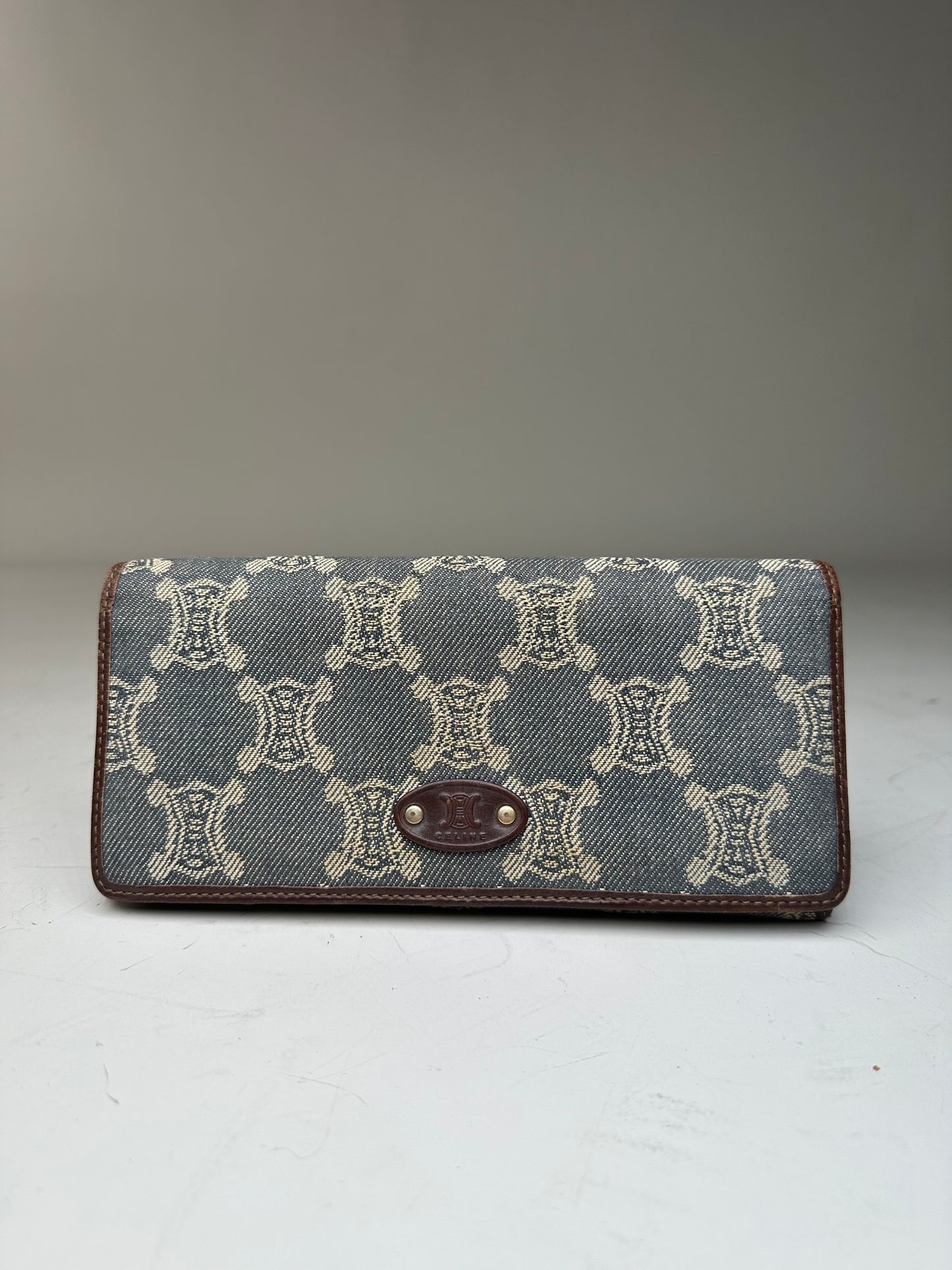 Vintage Celine Macadam Canvas Wallet Blue Beige Gold