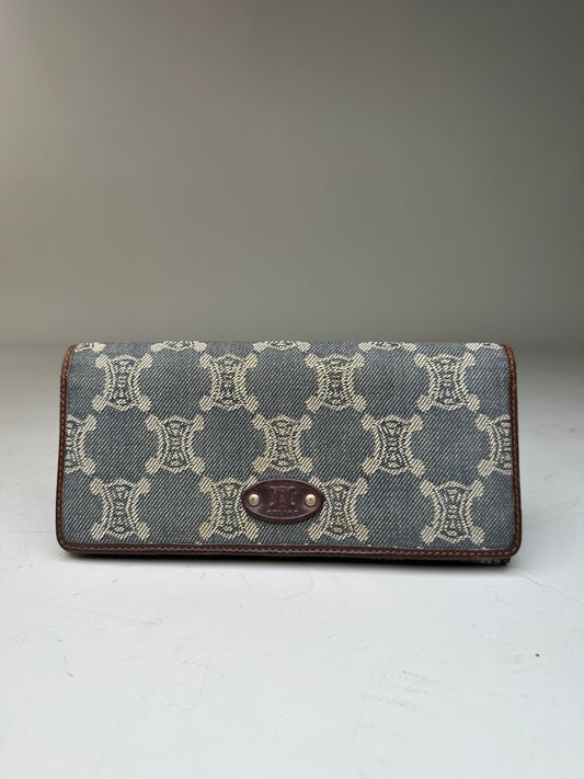 Vintage Celine Macadam Canvas Wallet Blue Beige Gold