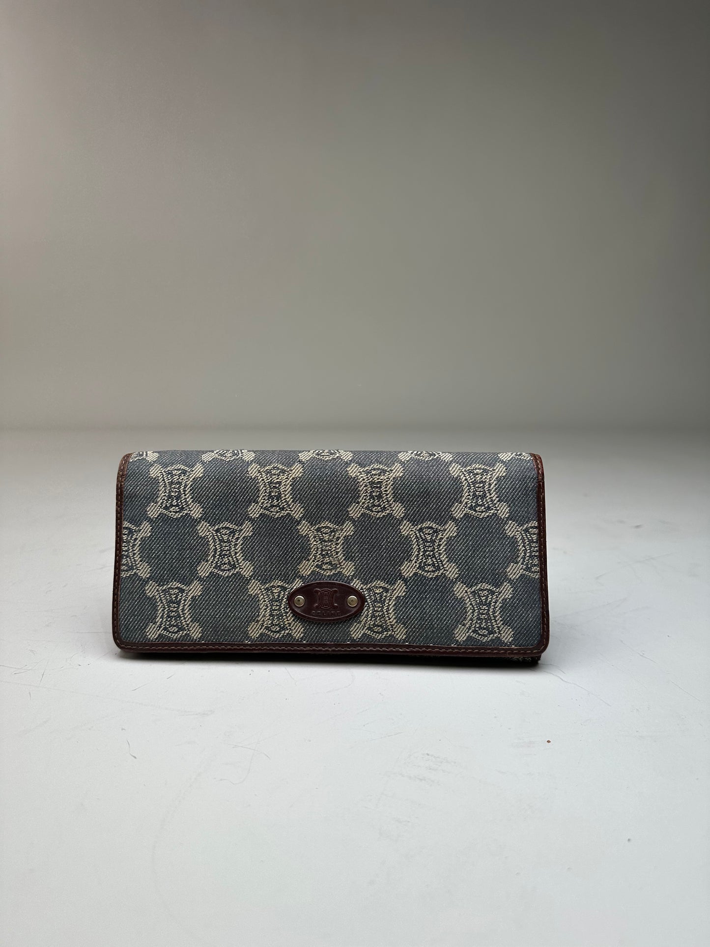 Vintage Celine Macadam Canvas Wallet Blue Beige Gold