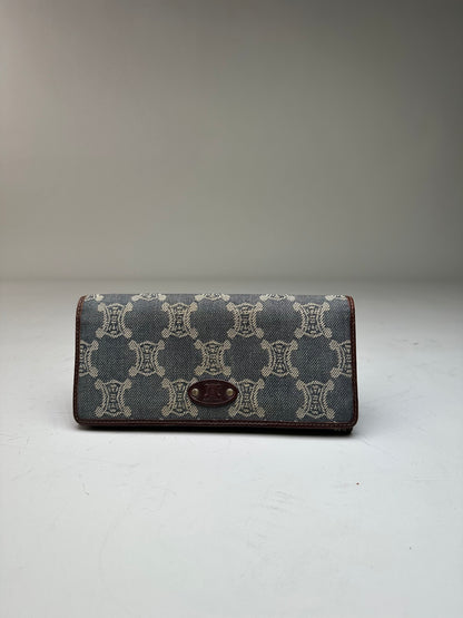 Vintage Celine Macadam Canvas Wallet Blue Beige Gold