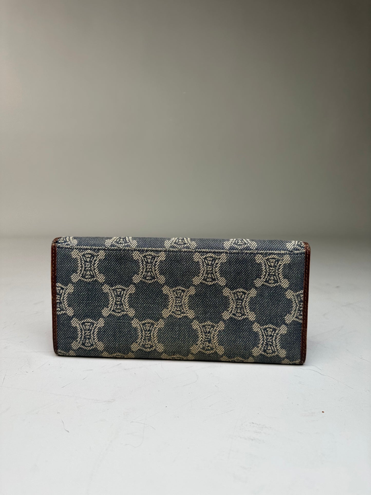 Vintage Celine Macadam Canvas Wallet Blue Beige Gold