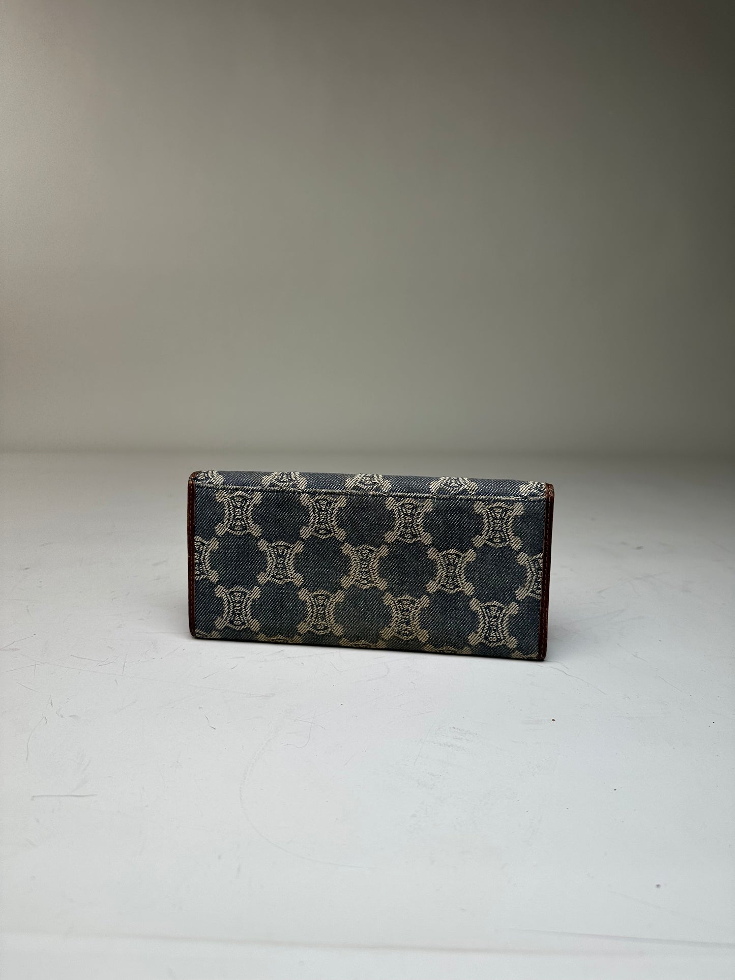 Vintage Celine Macadam Canvas Wallet Blue Beige Gold