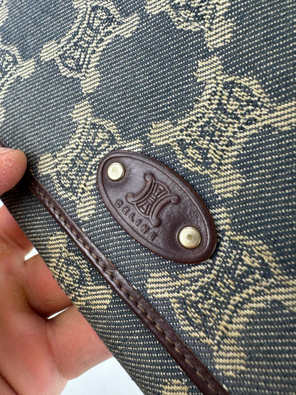 Vintage Celine Macadam Canvas Wallet Blue Beige Gold
