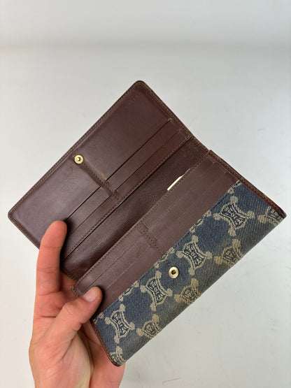 Vintage Celine Macadam Canvas Wallet Blue Beige Gold