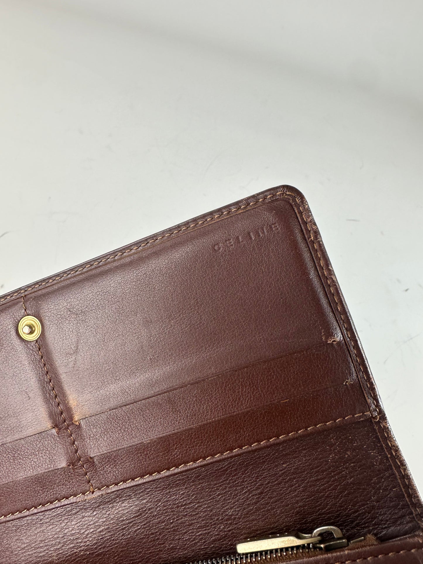 Vintage Celine Macadam Canvas Wallet Blue Beige Gold