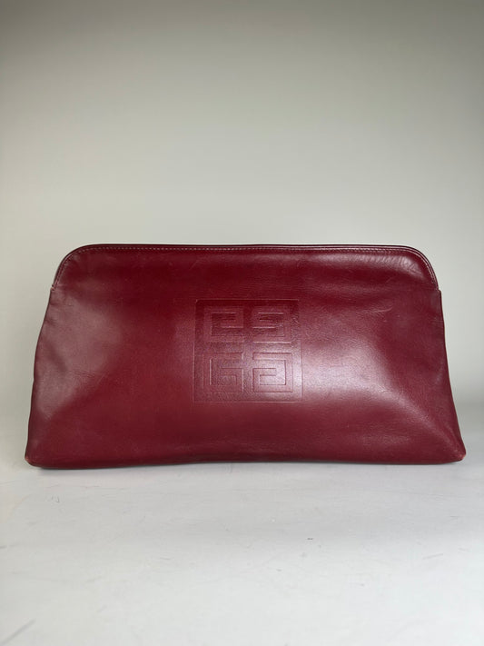 Vintage Givenchy Smooth Leather Clutch Bag Burgundy Gold