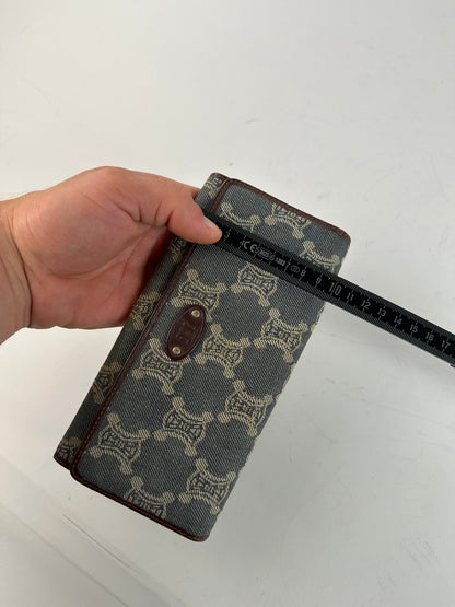 Vintage Celine Macadam Canvas Wallet Blue Beige Gold