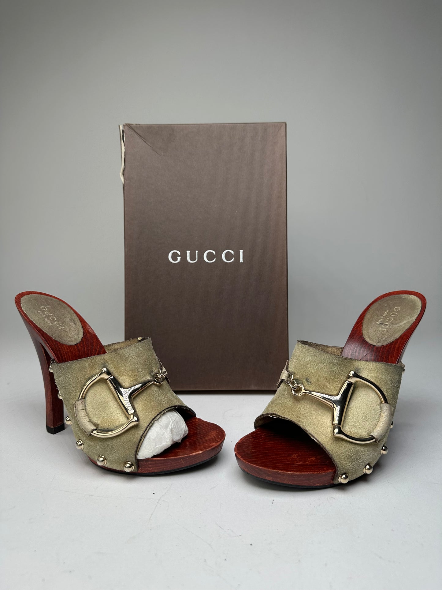 Vintage Gucci Suede Wood Horsebit Pumps Grey Brown EU35