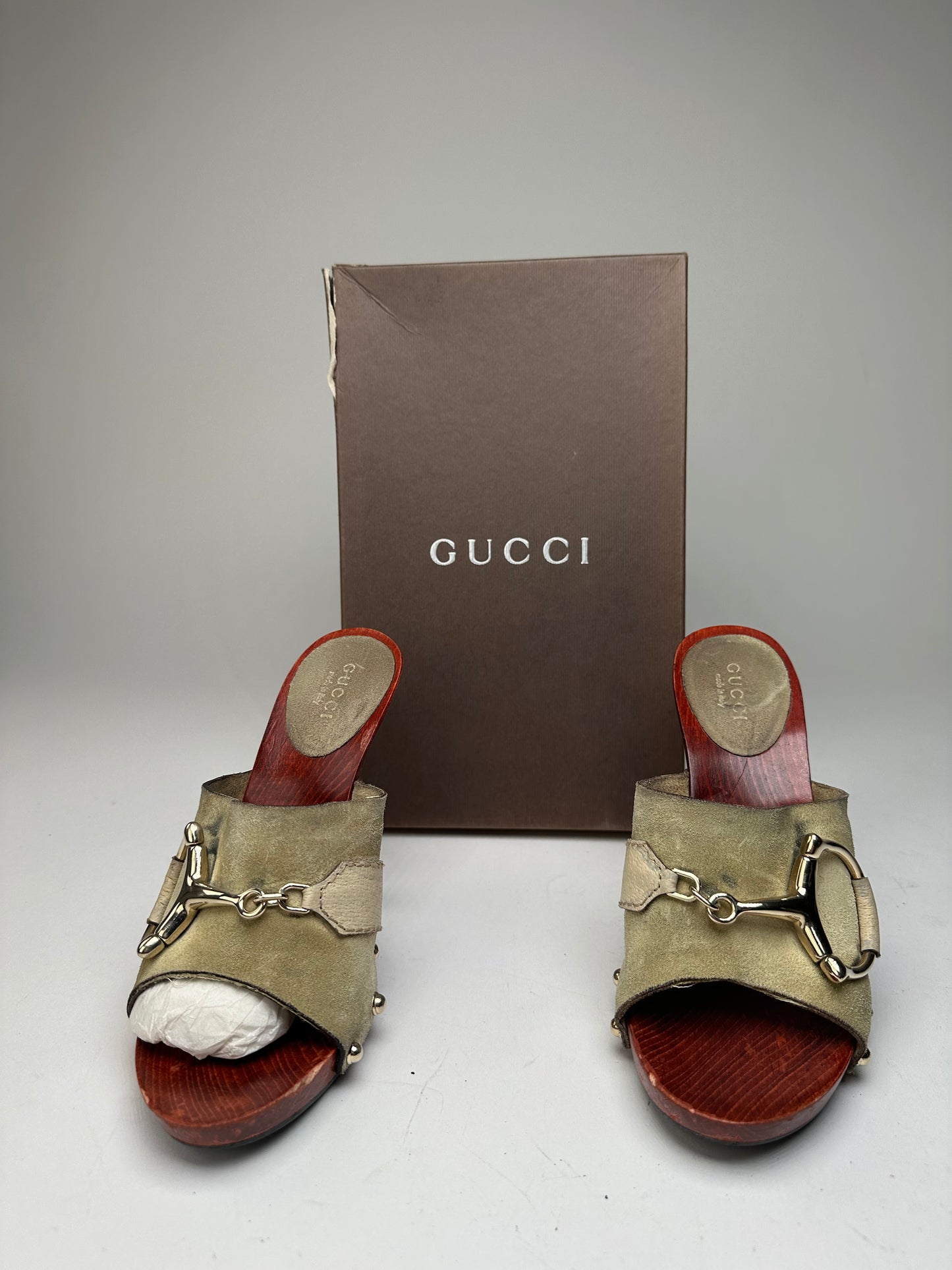 Vintage Gucci Suede Wood Horsebit Pumps Grey Brown EU35