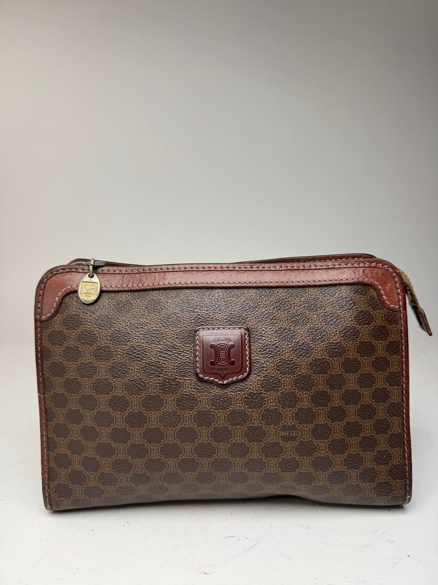 Vintage Celine Paris Triomphe monogram leather clutch brown