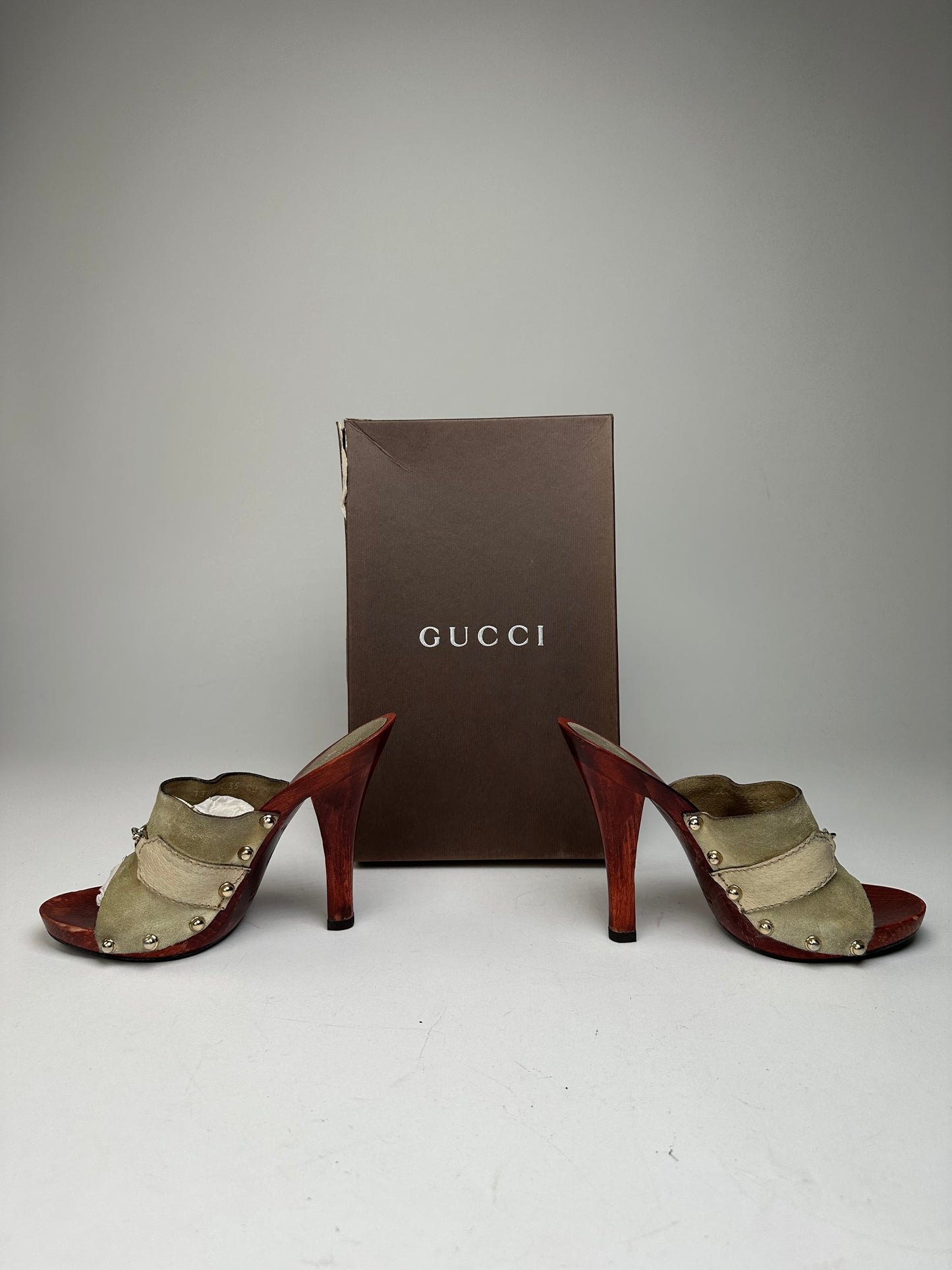 Vintage Gucci Suede Wood Horsebit Pumps Grey Brown EU35