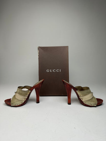 Vintage Gucci Suede Wood Horsebit Pumps Grey Brown EU35
