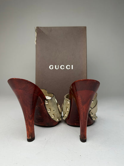 Vintage Gucci Suede Wood Horsebit Pumps Grey Brown EU35