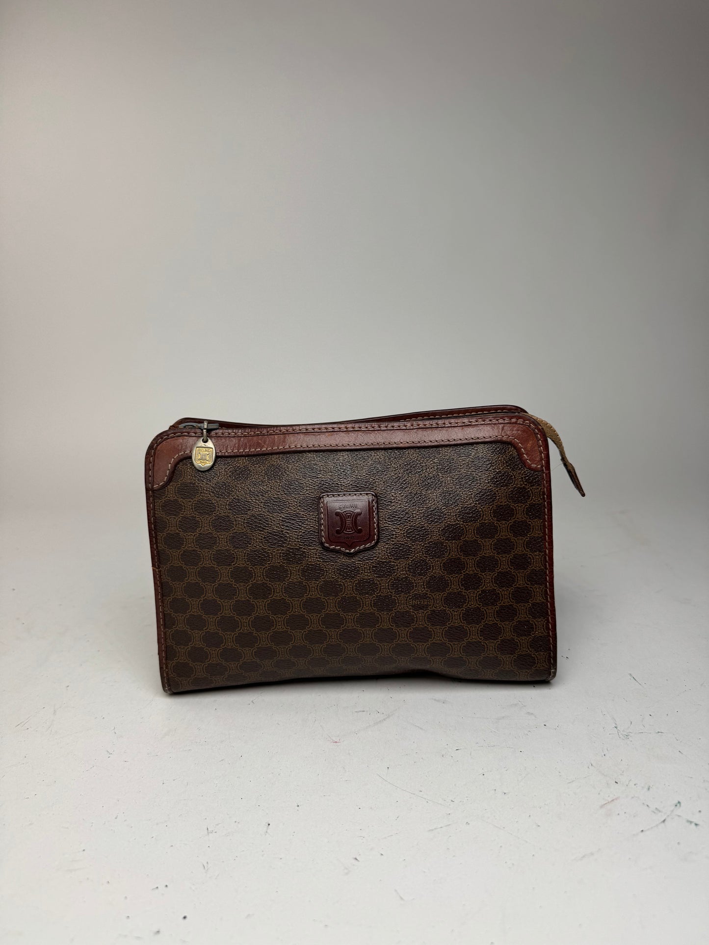 Vintage Celine Paris Triomphe monogram leather clutch brown
