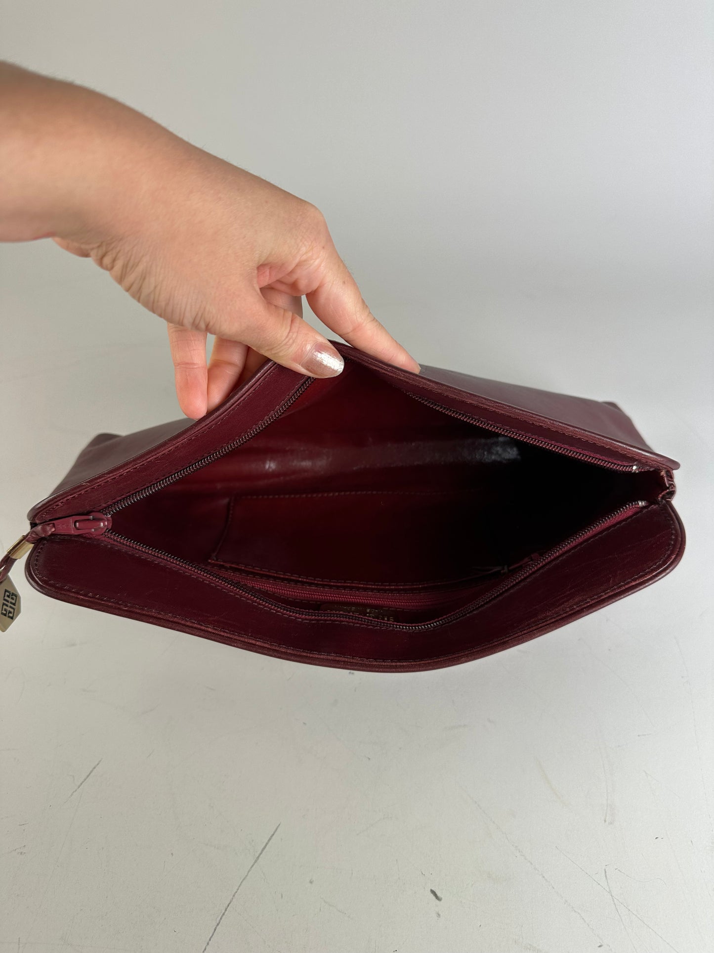 Vintage Givenchy Smooth Leather Clutch Bag Burgundy Gold