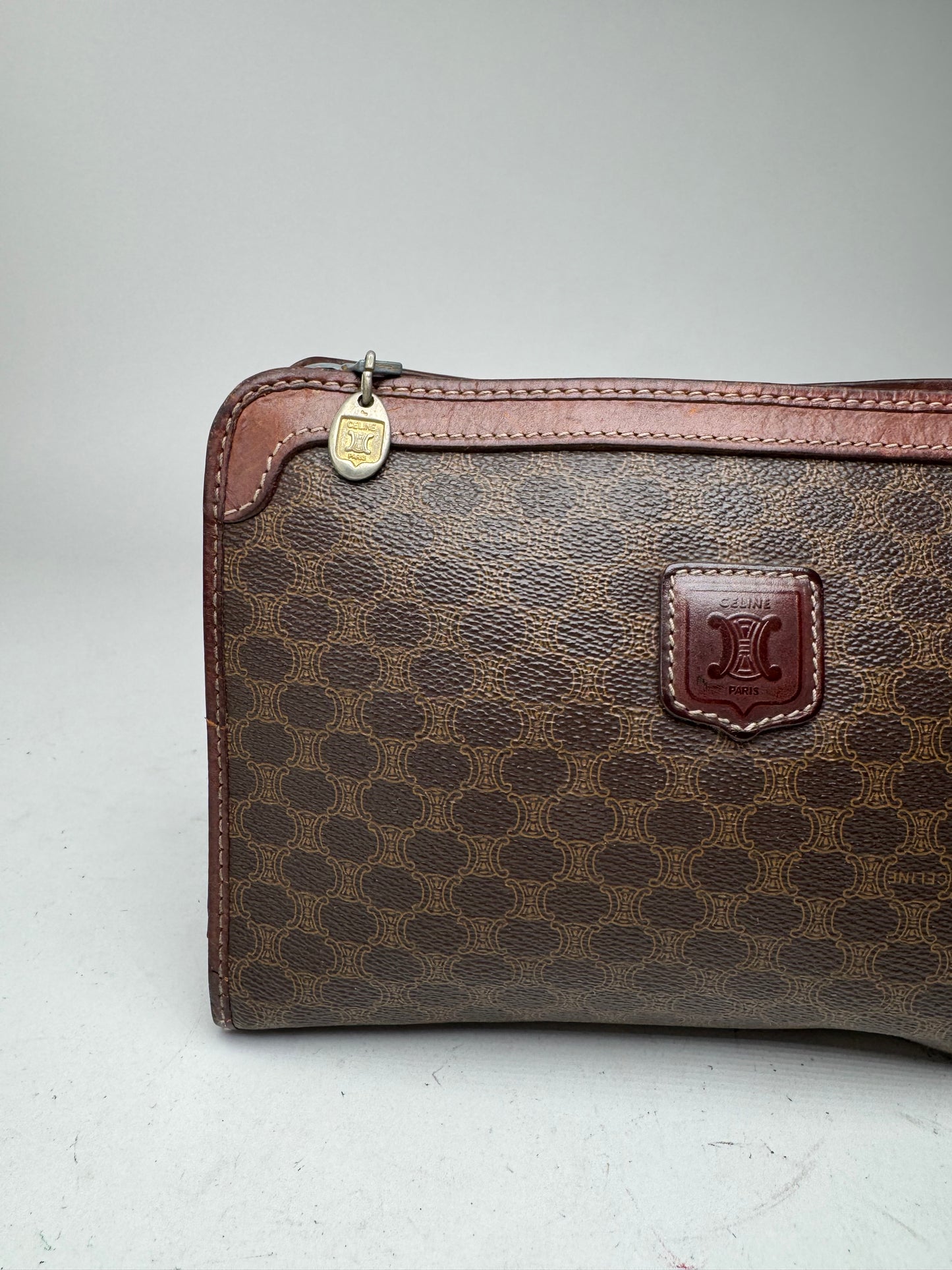 Vintage Celine Paris Triomphe monogram leather clutch brown