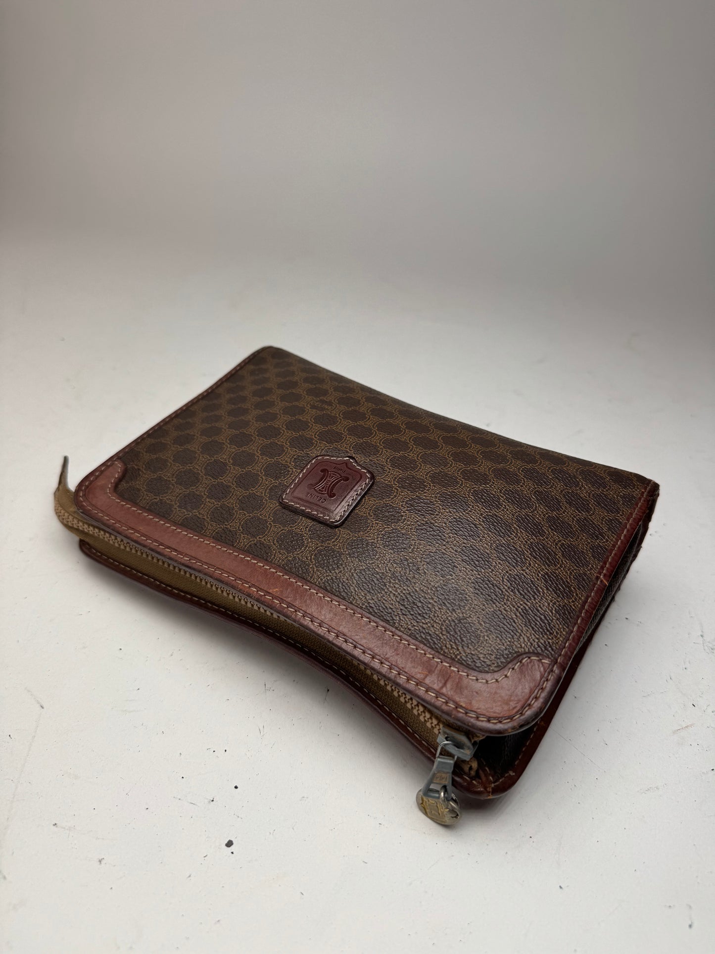 Vintage Celine Paris Triomphe monogram leather clutch brown