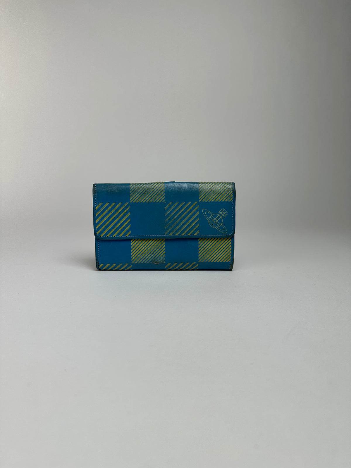 Vintage Vivienne Westwood Check Print Bifold Wallet Early 2000s Turquoise Yellow