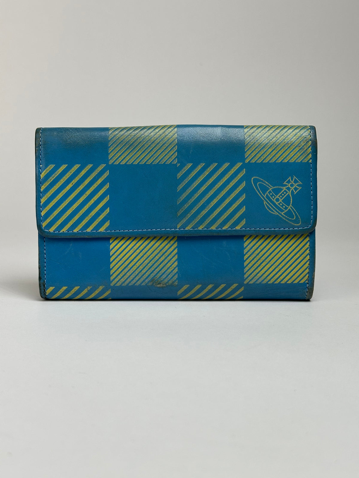 Vintage Vivienne Westwood Check Print Bifold Wallet Early 2000s Turquoise Yellow