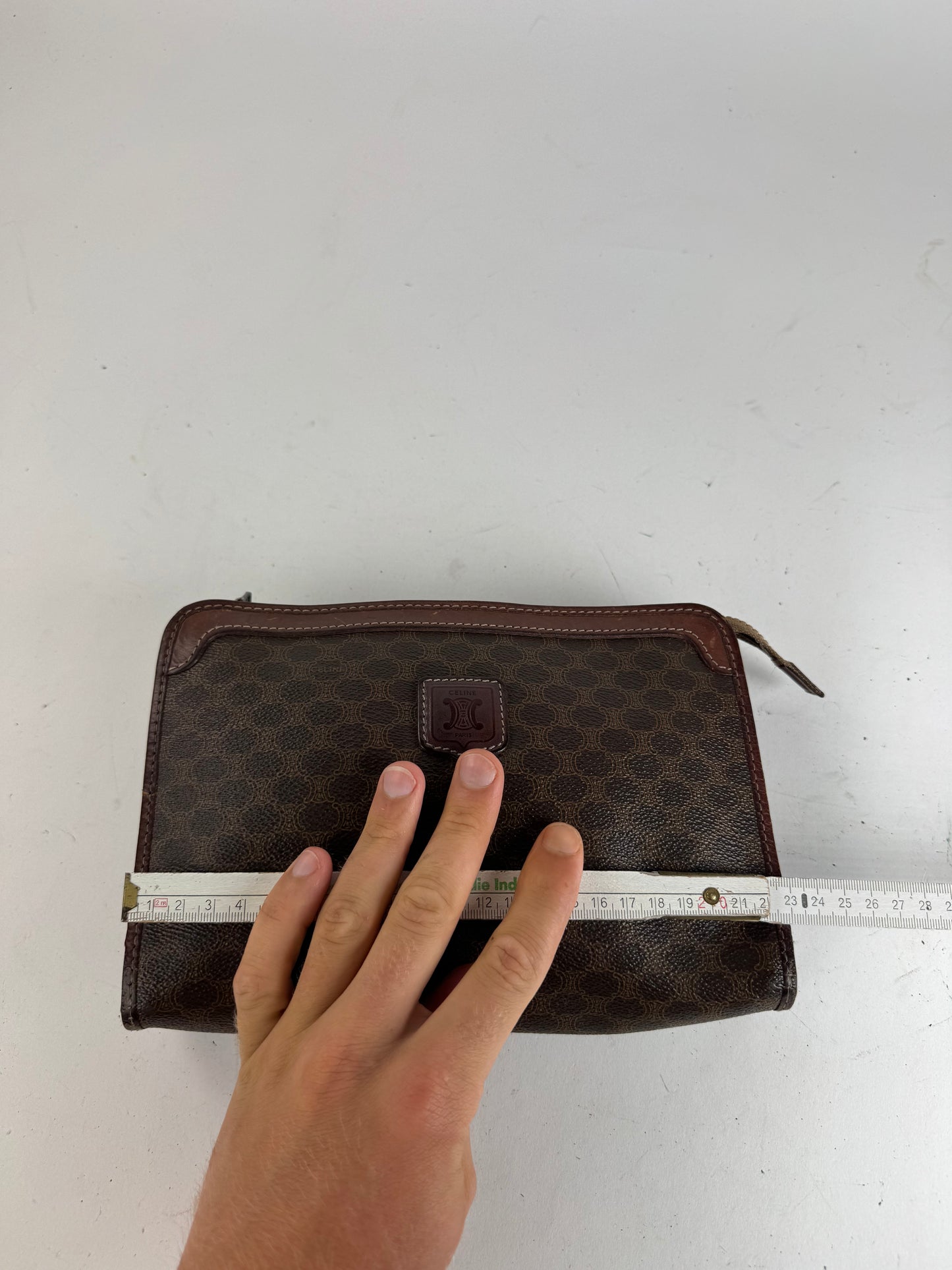 Vintage Celine Paris Triomphe monogram leather clutch brown