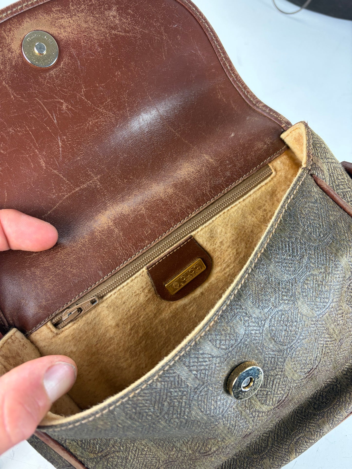 Vintage Gucci Coated Canvas Crossbody Bag Brown Tan