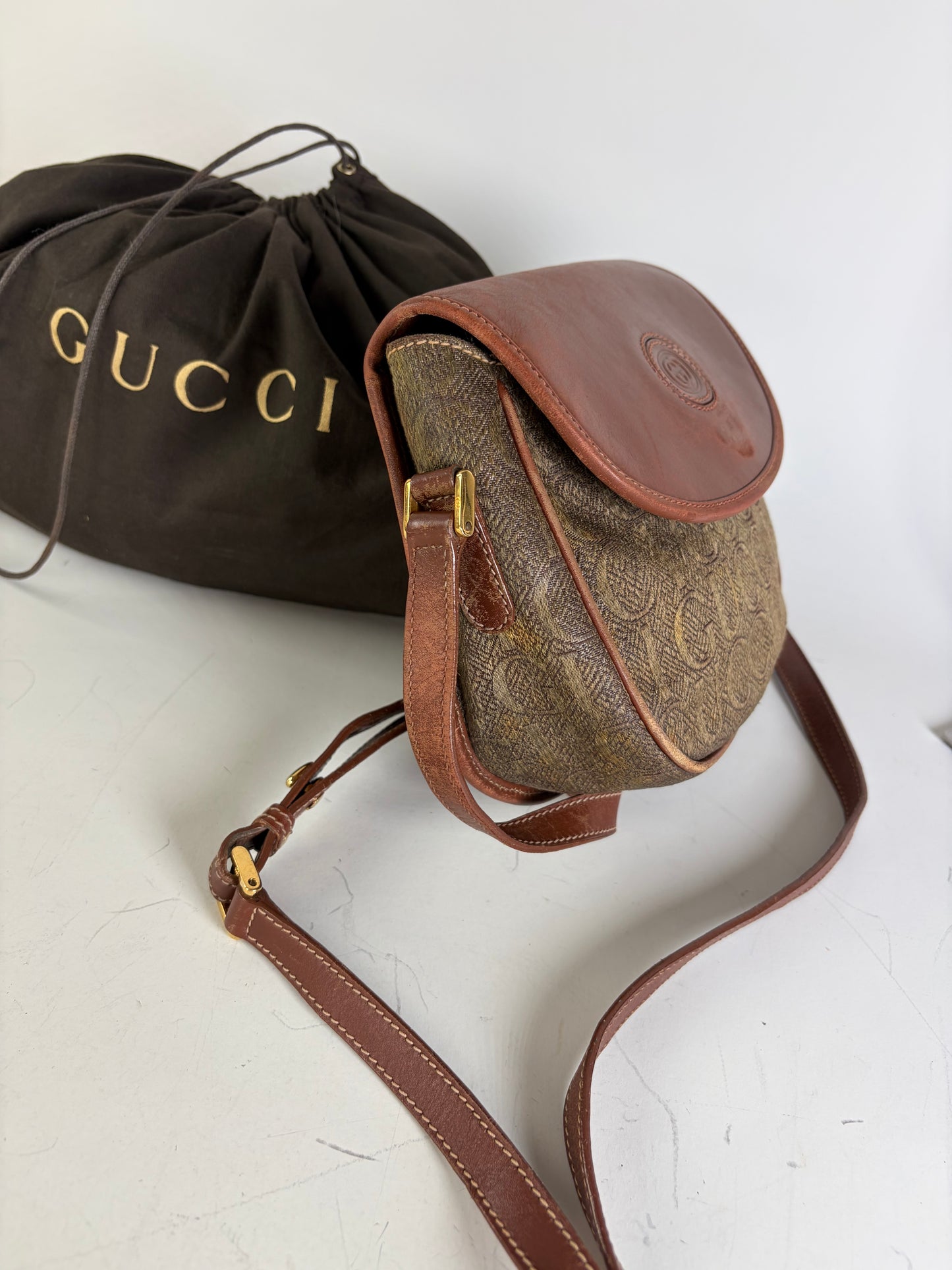 Vintage Gucci Coated Canvas Crossbody Bag Brown Tan