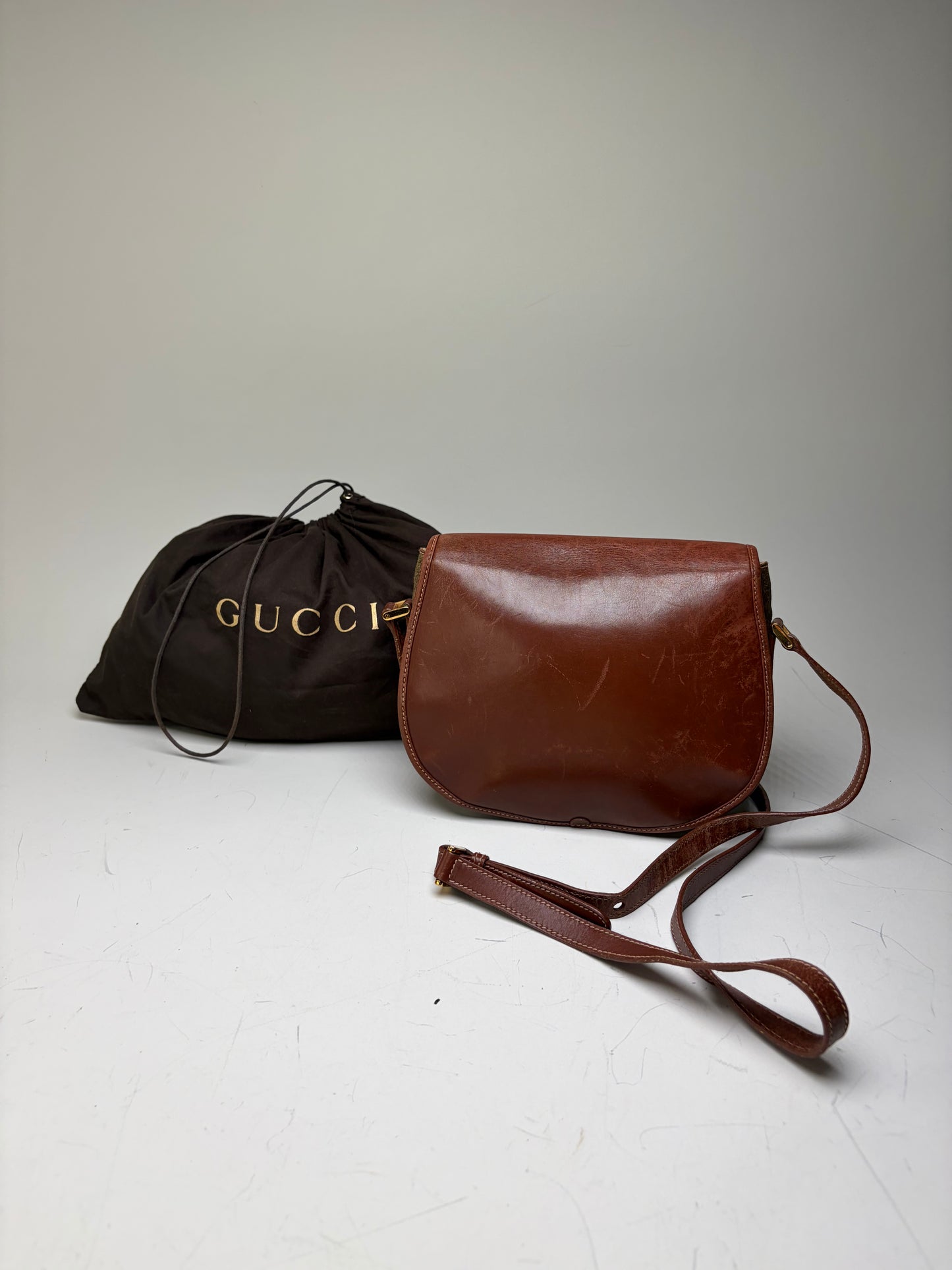 Vintage Gucci Coated Canvas Crossbody Bag Brown Tan