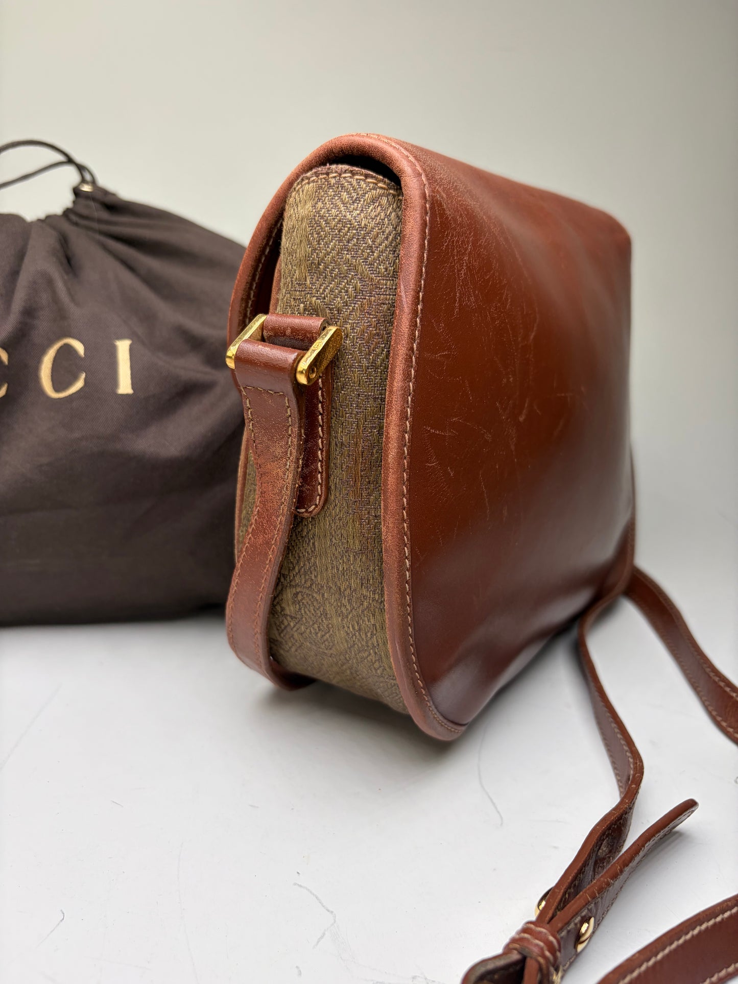 Vintage Gucci Coated Canvas Crossbody Bag Brown Tan