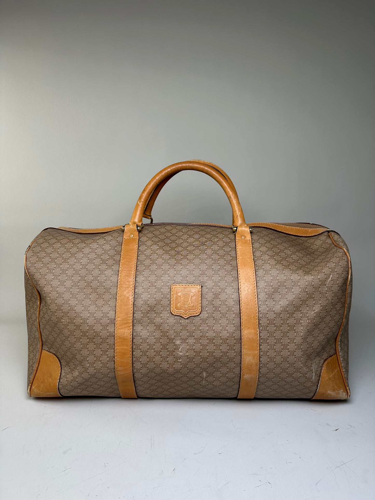 Vintage Celine Canvas Duffle Bag Beige Brown Gold