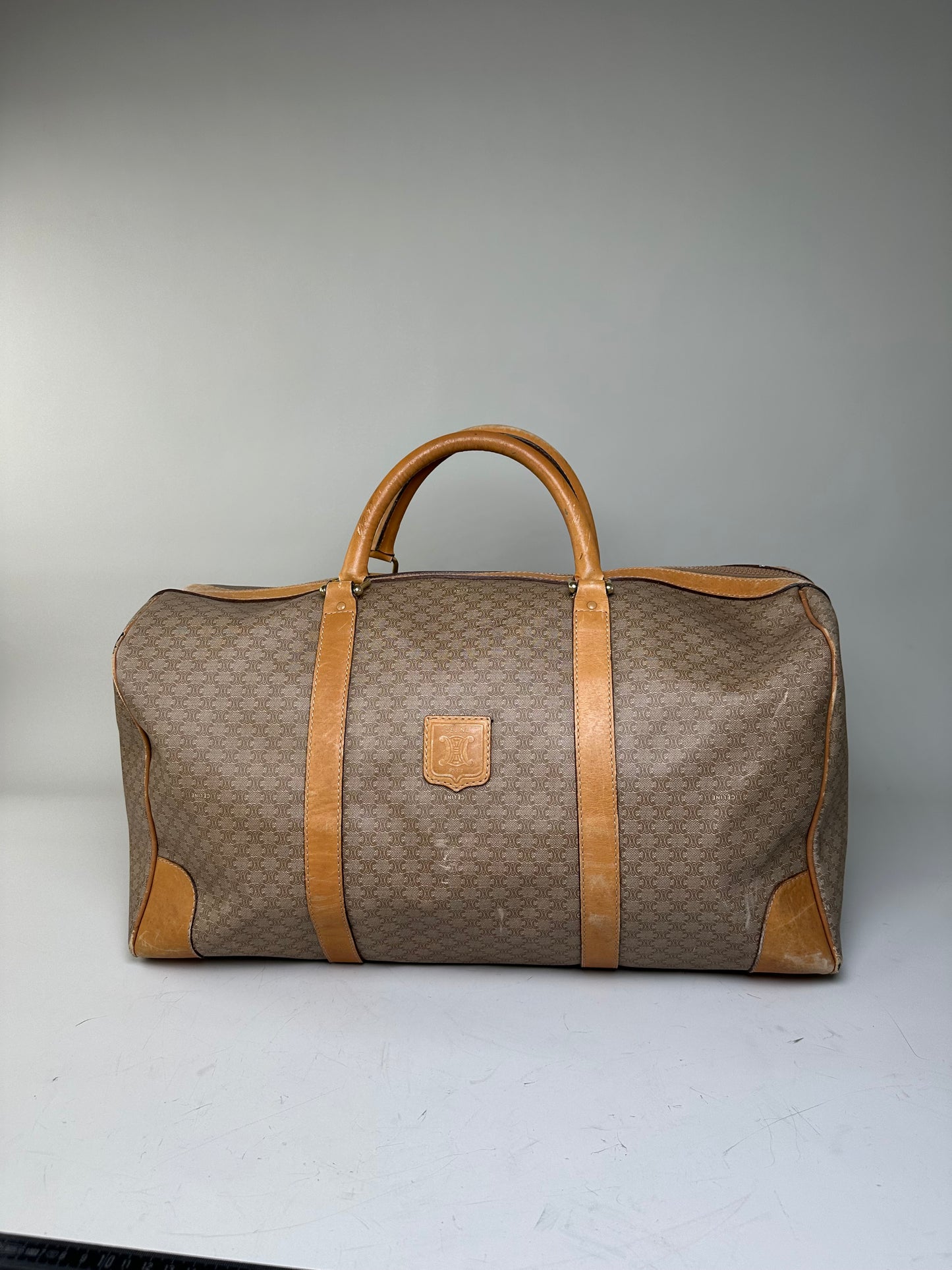 Vintage Celine Canvas Duffle Bag Beige Brown Gold