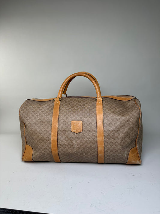 Vintage Celine Canvas Duffle Bag Beige Brown Gold