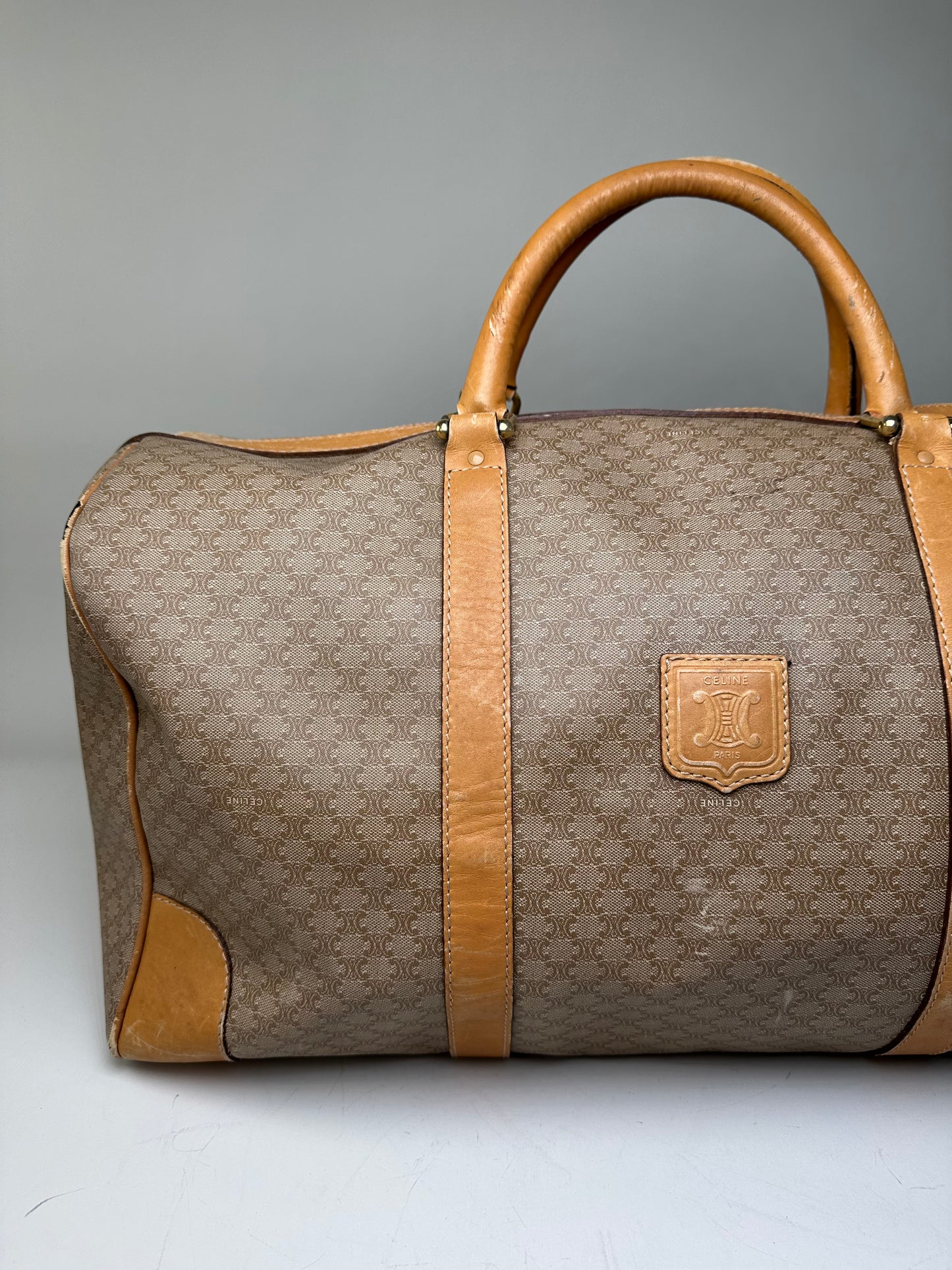 Vintage Celine Canvas Duffle Bag Beige Brown Gold