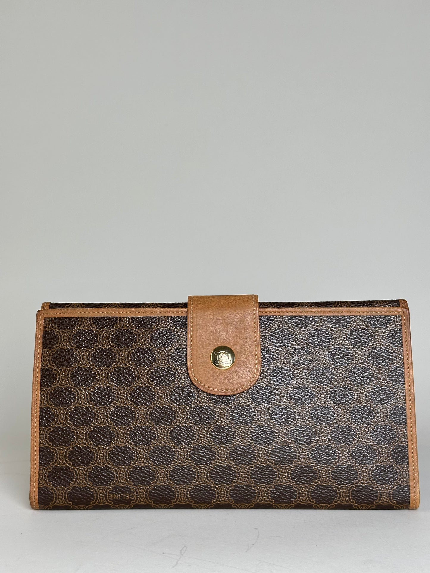 Vintage Celine Monogram Canvas Clutch Wallet Brown Tan