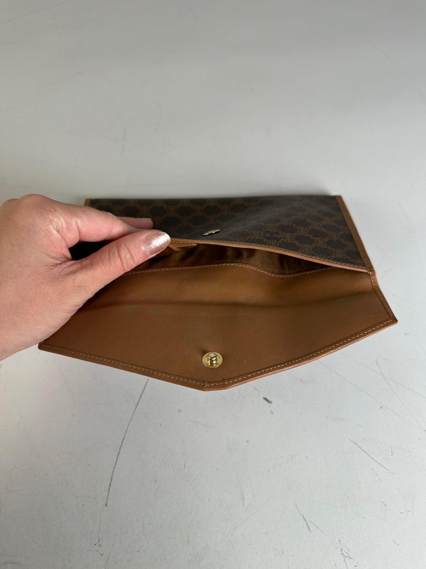 Vintage Celine Monogram Canvas Clutch Wallet Brown Tan