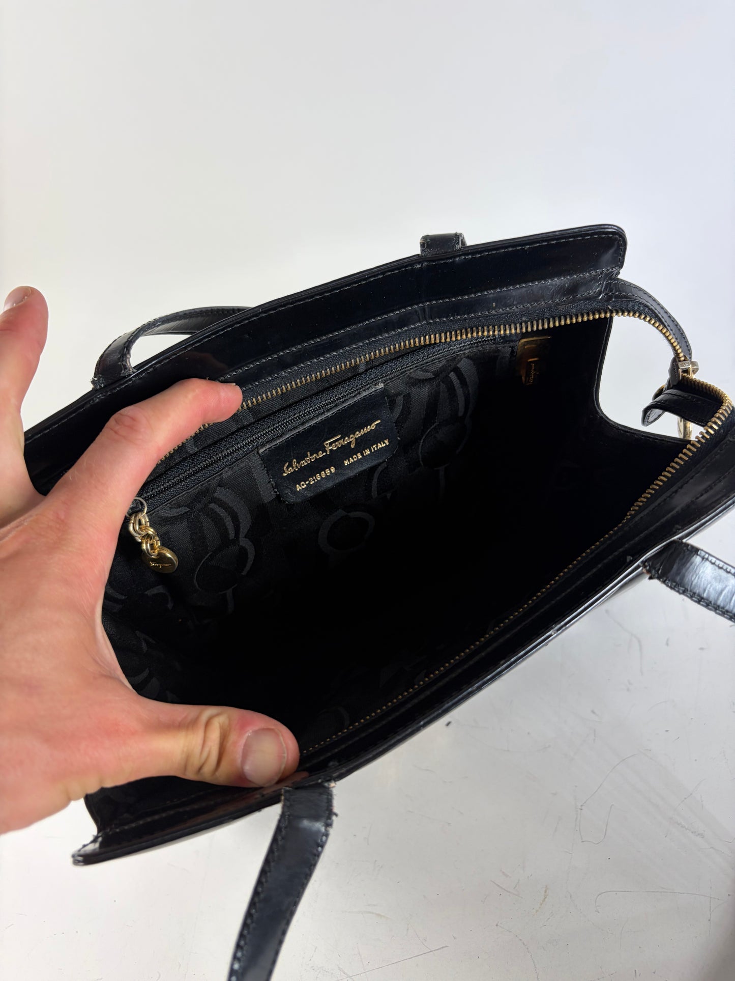 Vintage Ferragamo Patent Leather Tote Bag Black Gold