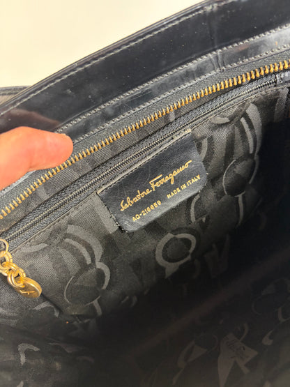 Vintage Ferragamo Patent Leather Tote Bag Black Gold