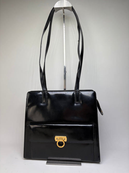 Vintage Ferragamo Patent Leather Tote Bag Black Gold