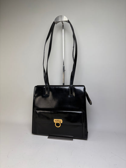 Vintage Ferragamo Patent Leather Tote Bag Black Gold